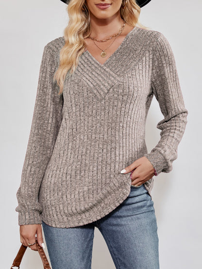 Ribbed long-sleeve V-neck top for women -8