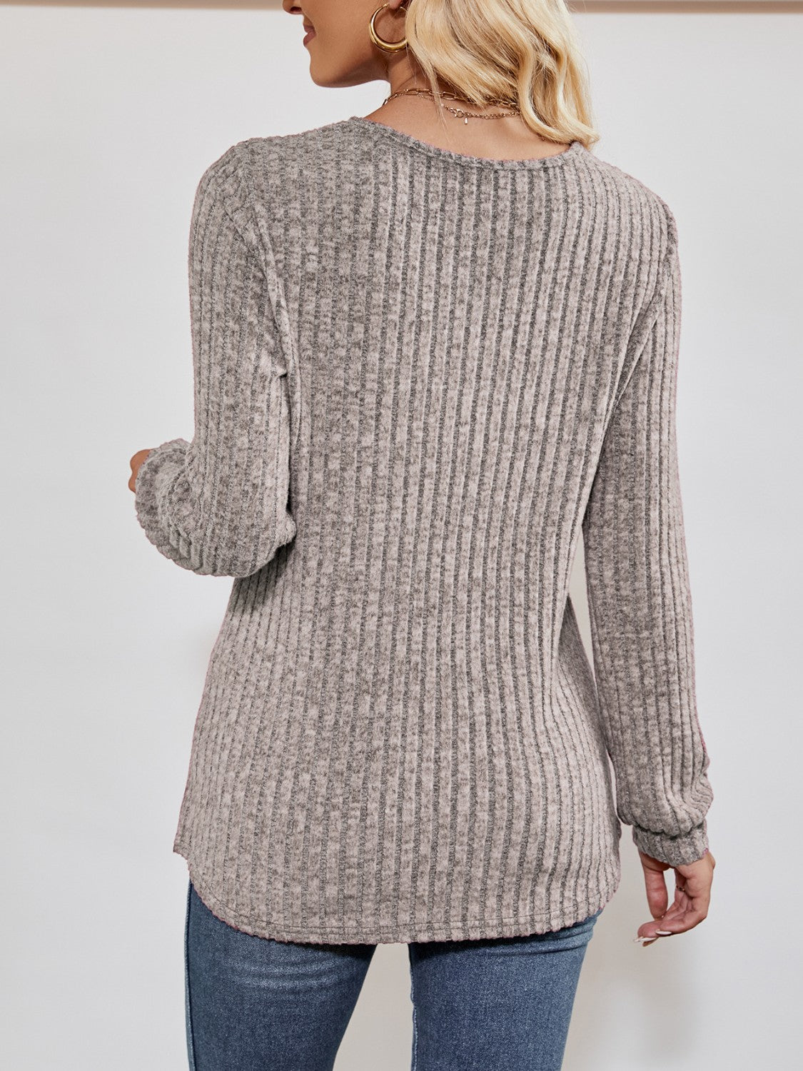 Ribbed long-sleeve V-neck top for women -10