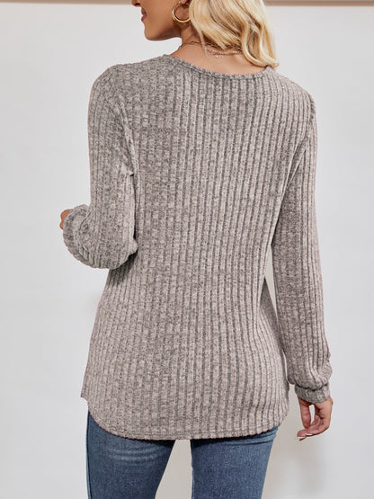 Ribbed long-sleeve V-neck top for women -10