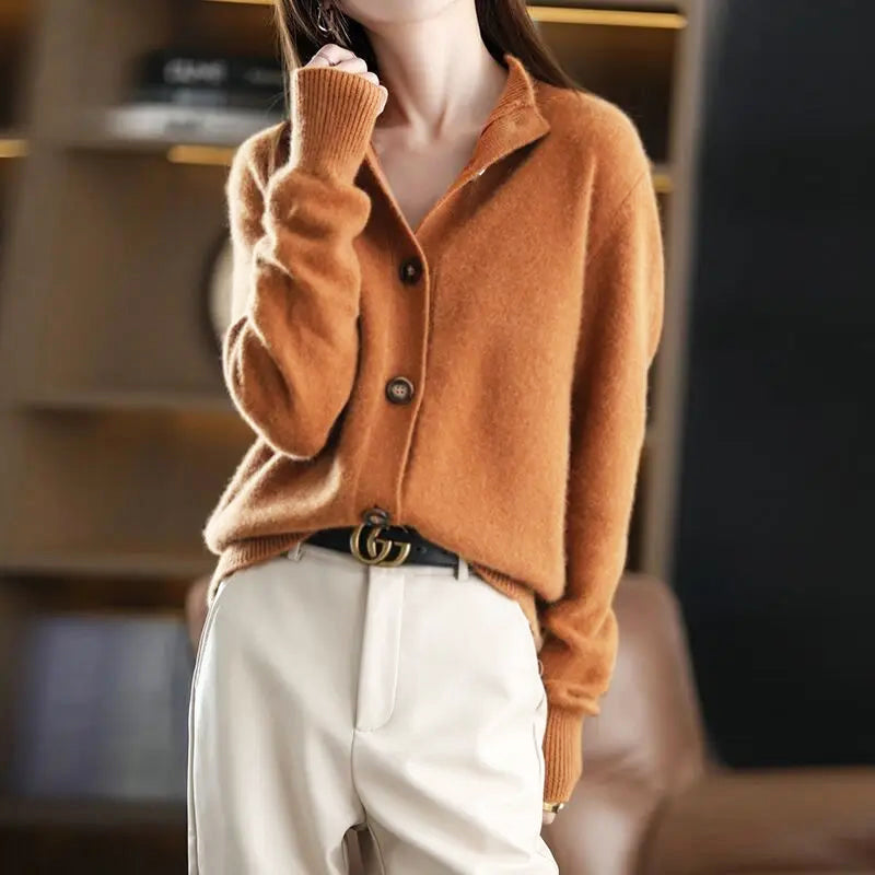 Elegant high-neck asymmetrical buttons cardigan for women | Mirella -1