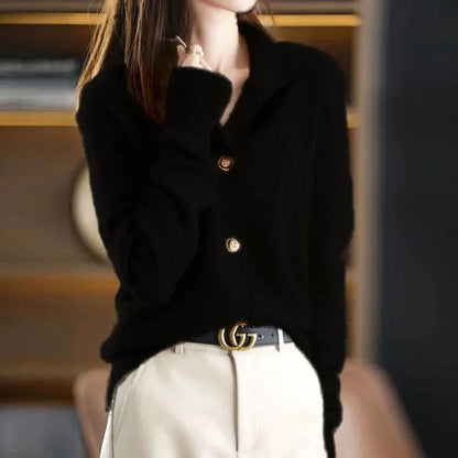 Elegant high-neck asymmetrical buttons cardigan for women | Mirella -3