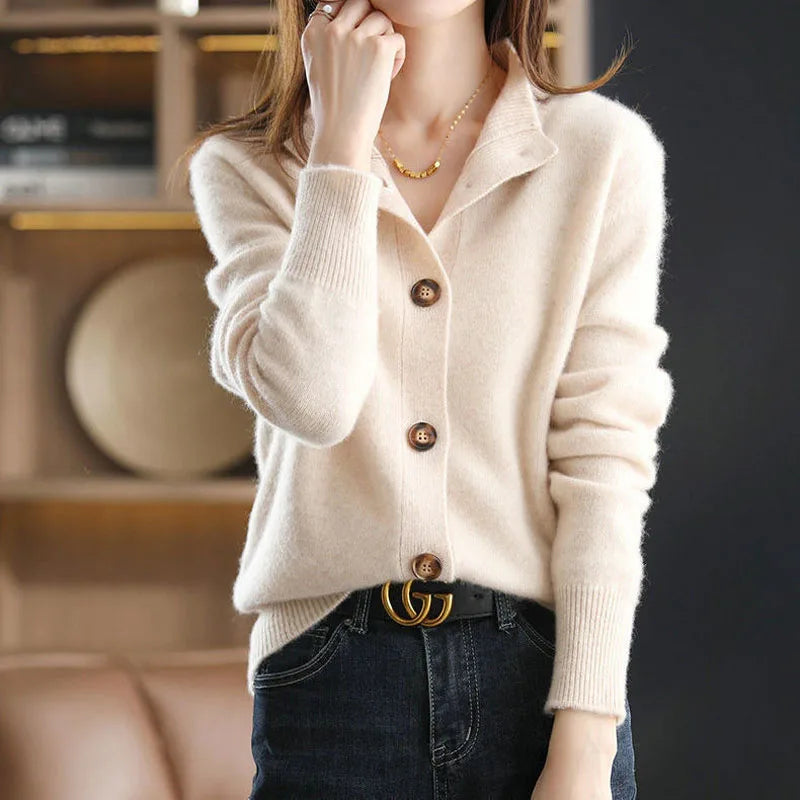 Elegant high-neck asymmetrical buttons cardigan for women | Mirella -4