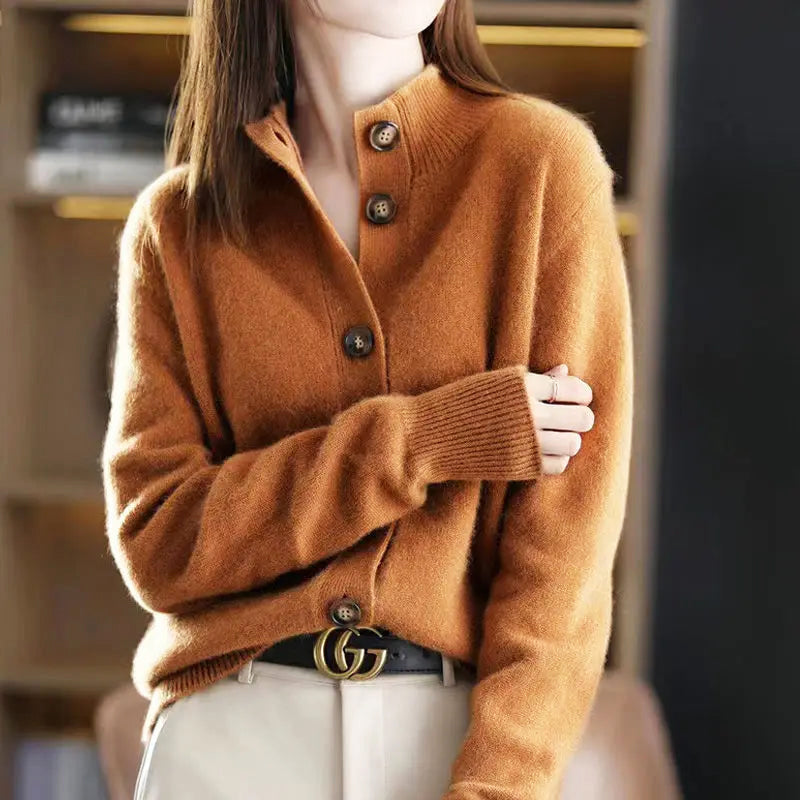 Elegant high-neck asymmetrical buttons cardigan for women | Mirella -6