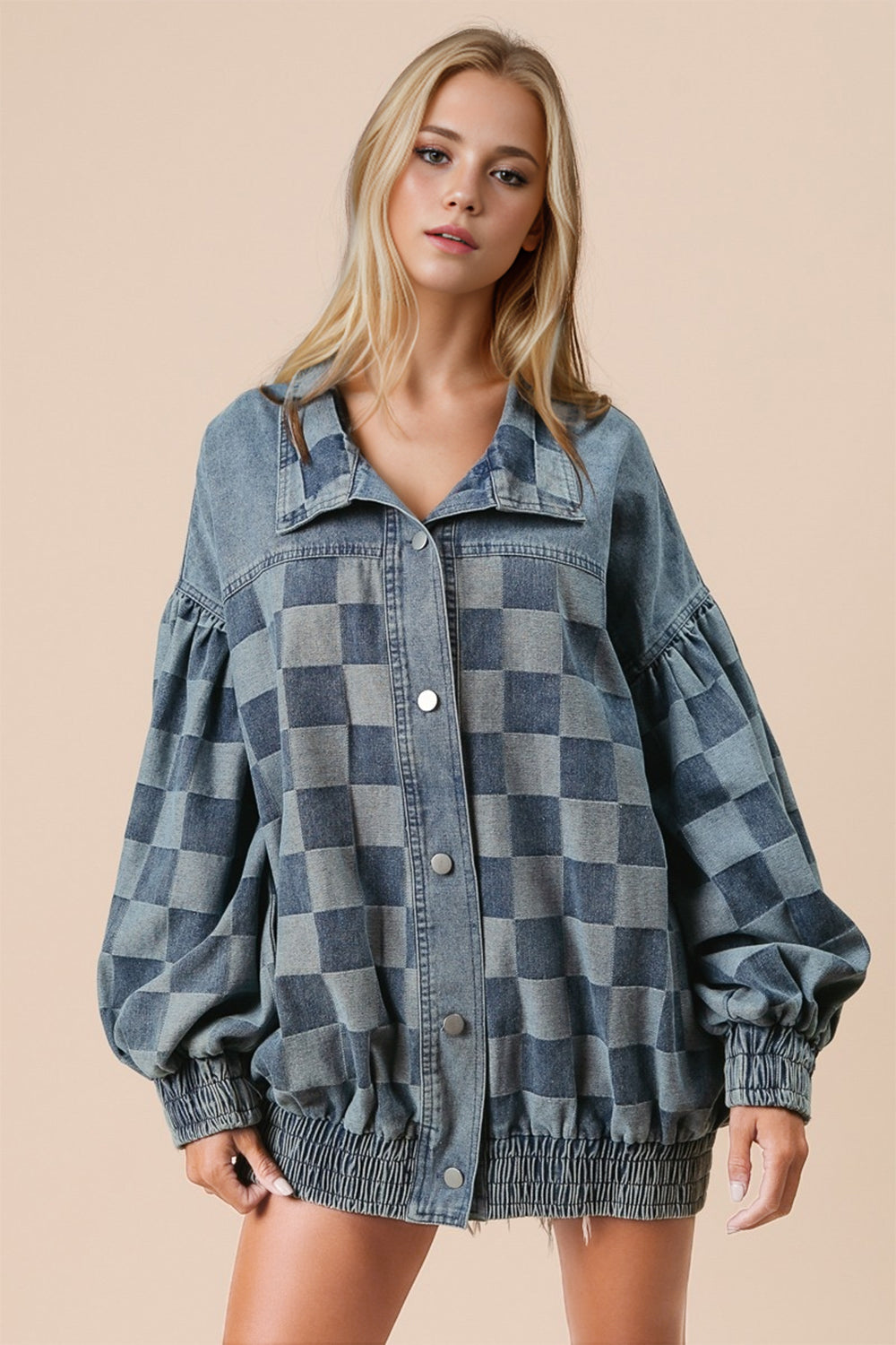 Denim checked buttons double take jacket for women -1