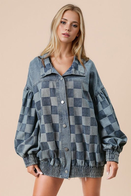 Denim checked buttons double take jacket for women -1