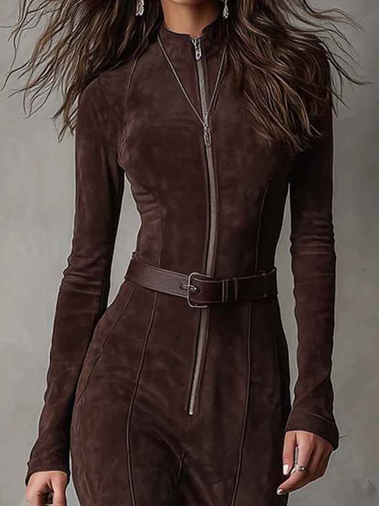 Maxi zip-up belt dress for women | Alvera -2