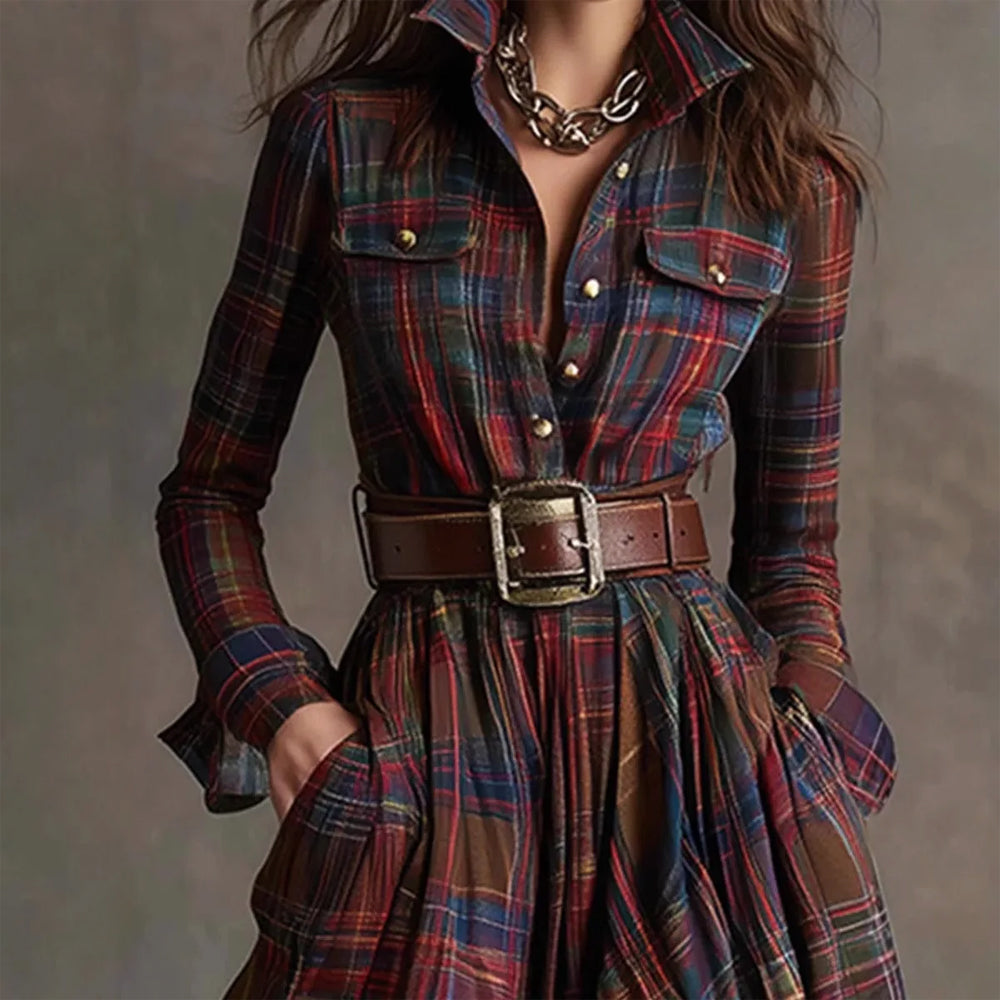 Vintage plaid long maxi dress shirt for women | Aurora -4