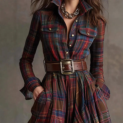 Vintage plaid long maxi dress shirt for women | Aurora -4