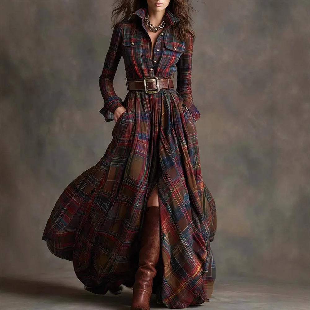 Vintage plaid long maxi dress shirt for women | Aurora -1