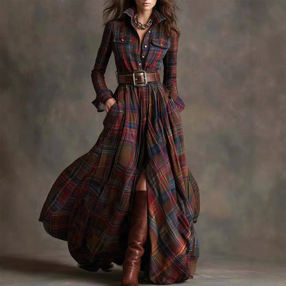 Vintage plaid long maxi dress shirt for women | Aurora -1