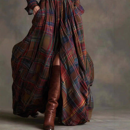 Vintage plaid long maxi dress shirt for women | Aurora -5