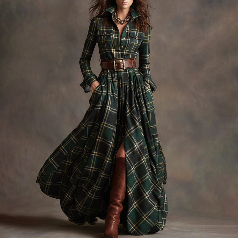 Vintage plaid long maxi dress shirt for women | Aurora -2