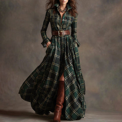 Vintage plaid long maxi dress shirt for women | Aurora -2