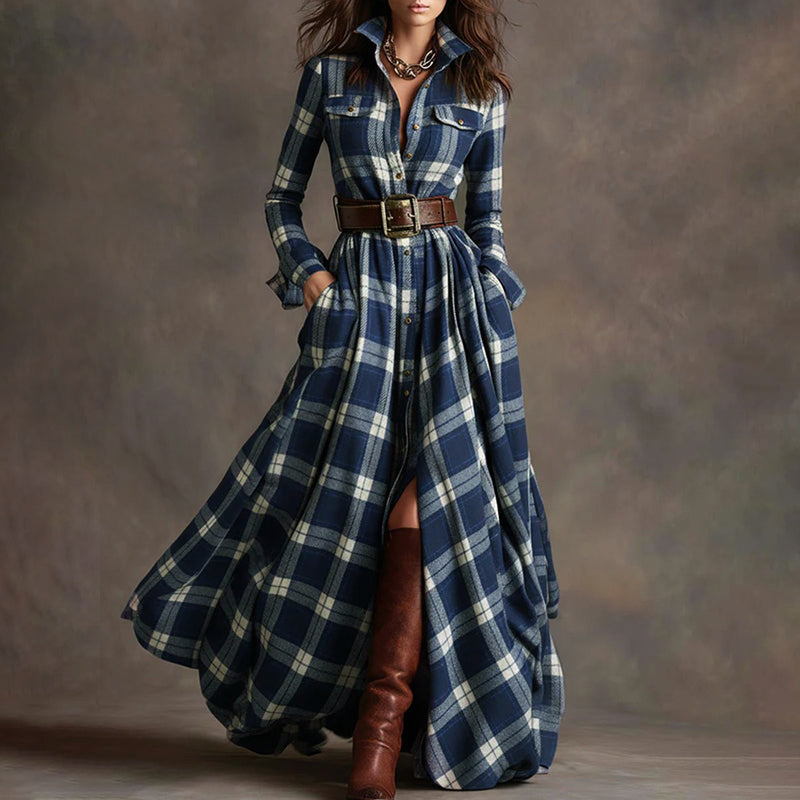 Vintage plaid long maxi dress shirt for women | Aurora -3