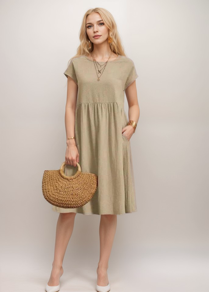 Mi-long casual cotton dress for women | Soline -4