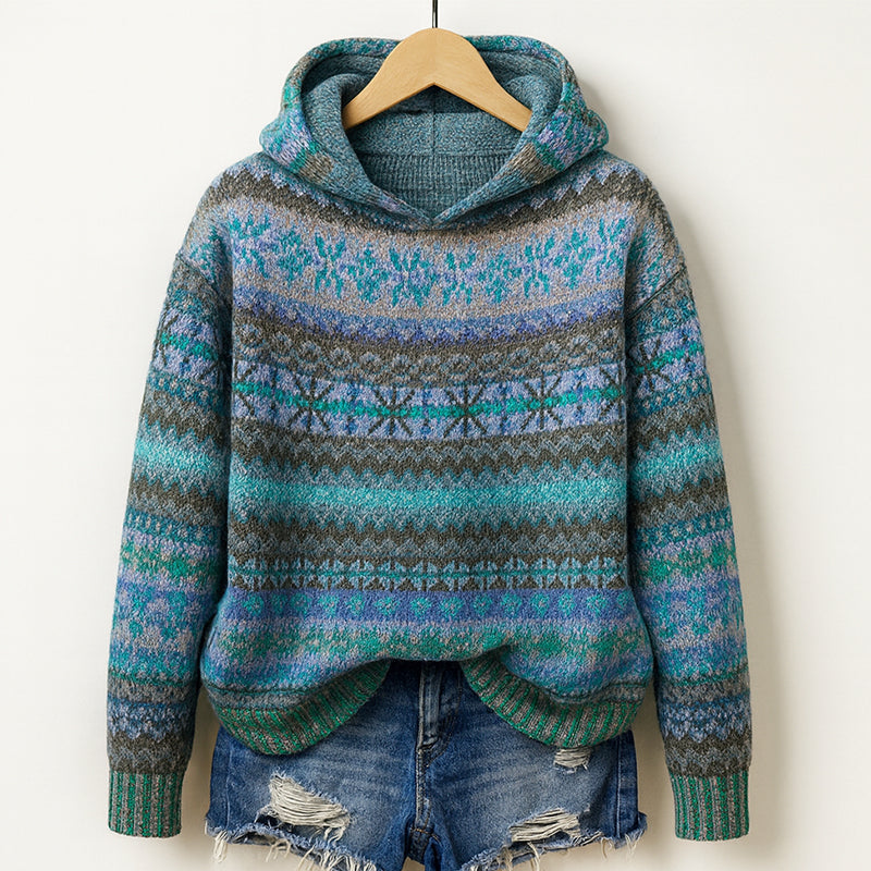Women’s knit multicolor pattern hoodie for women | Elara -1