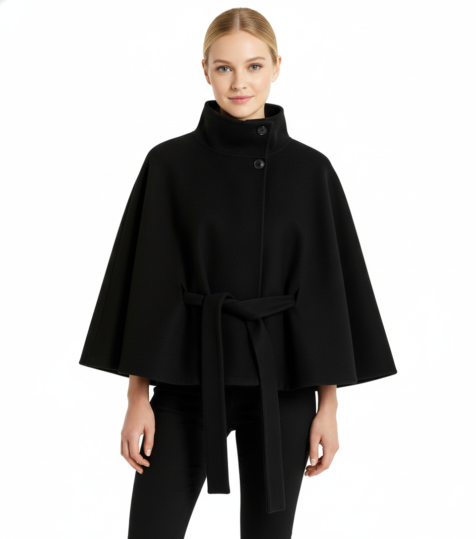 Long belted high collar relaxed coat for women | Elvire -3
