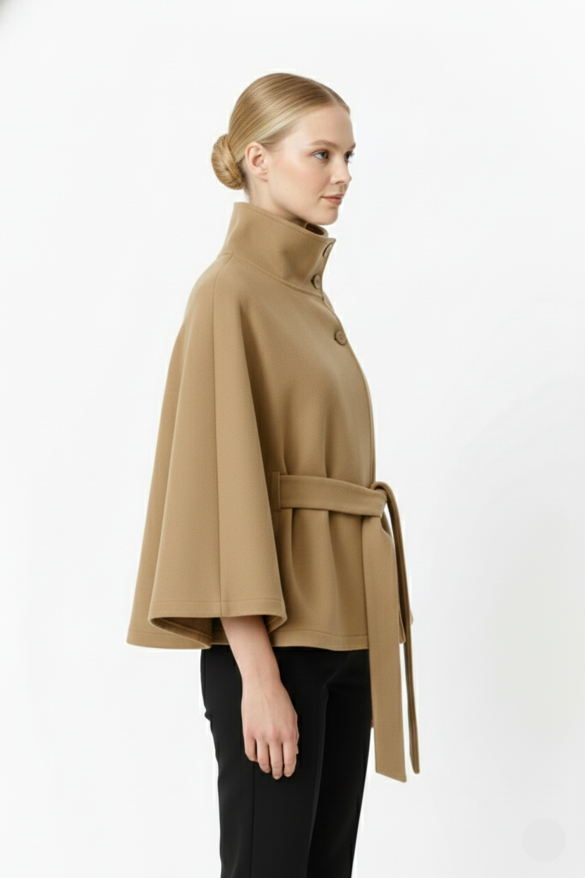 Long belted high collar relaxed coat for women | Elvire -14
