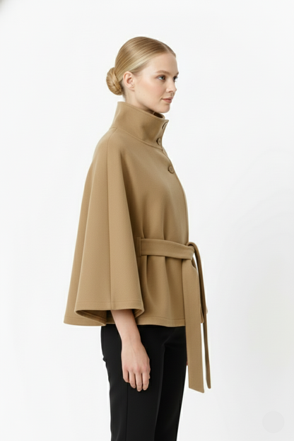 Long belted high collar relaxed coat for women | Elvire -14