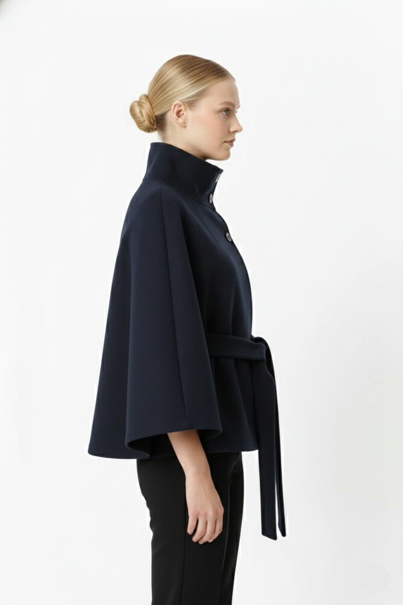Long belted high collar relaxed coat for women | Elvire -15