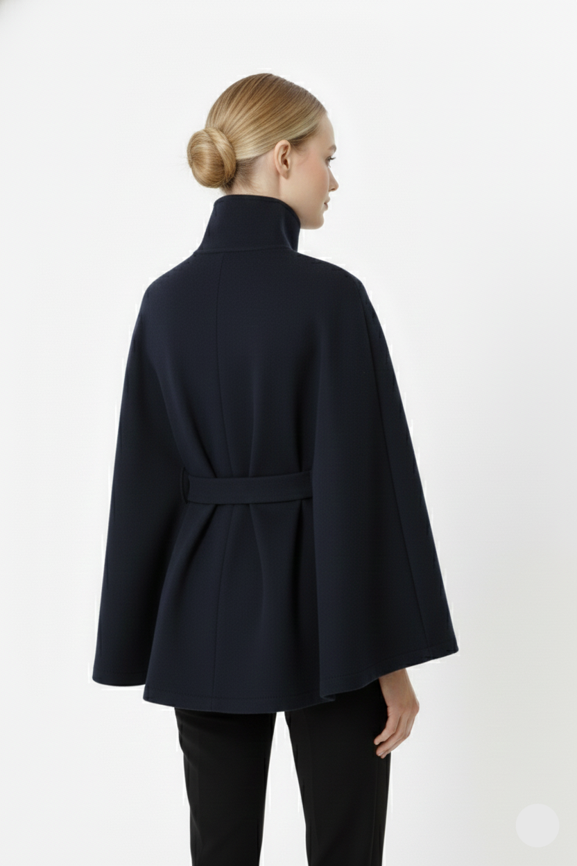 Long belted high collar relaxed coat for women | Elvire -16