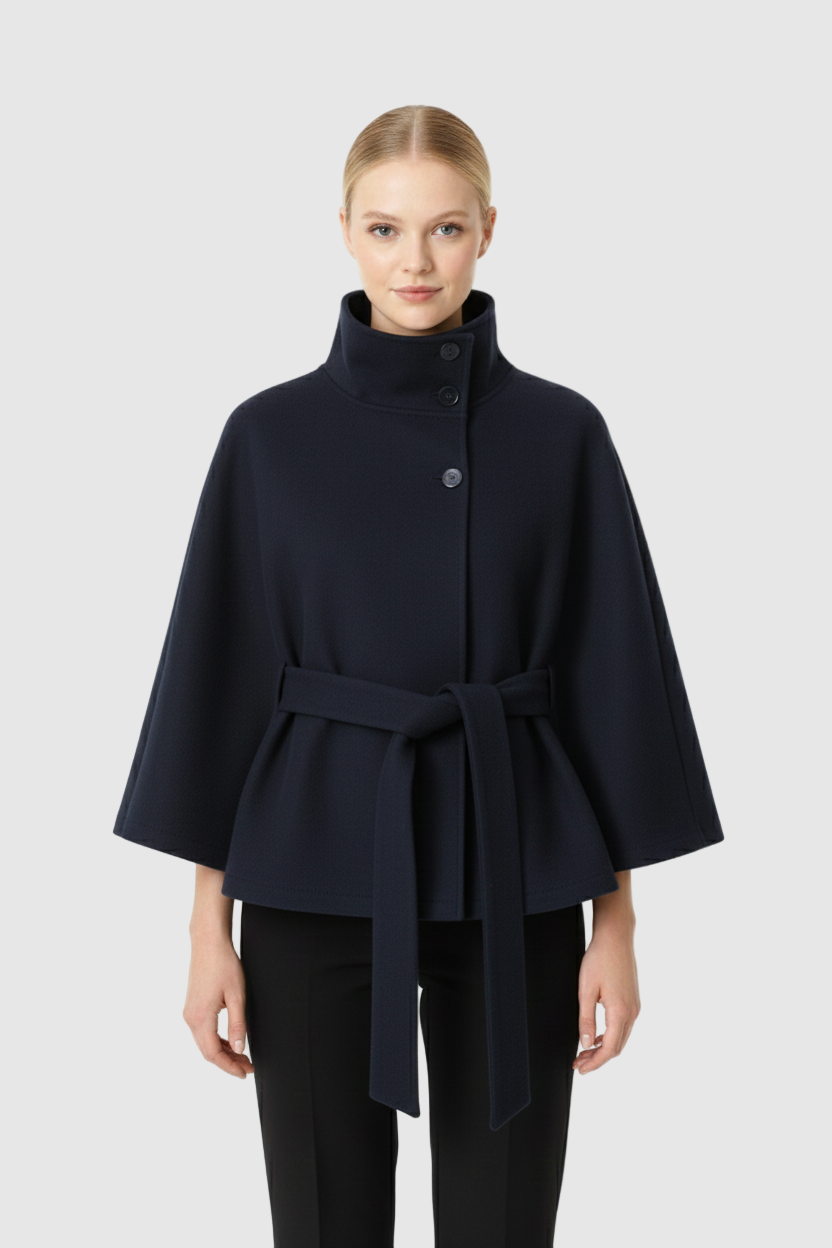 Long belted high collar relaxed coat for women | Elvire -4