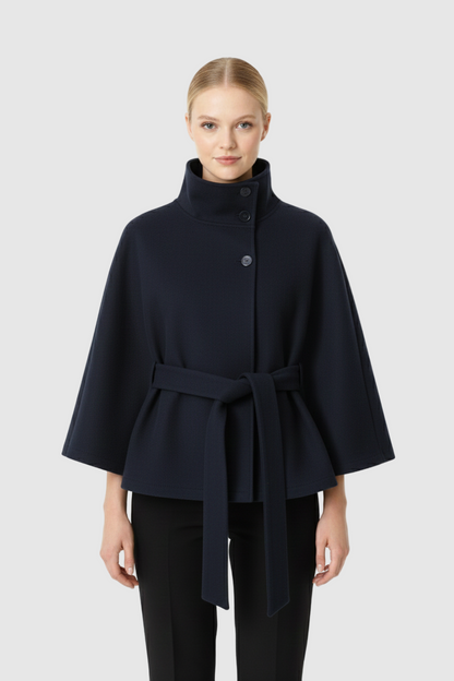Long belted high collar relaxed coat for women | Elvire -4
