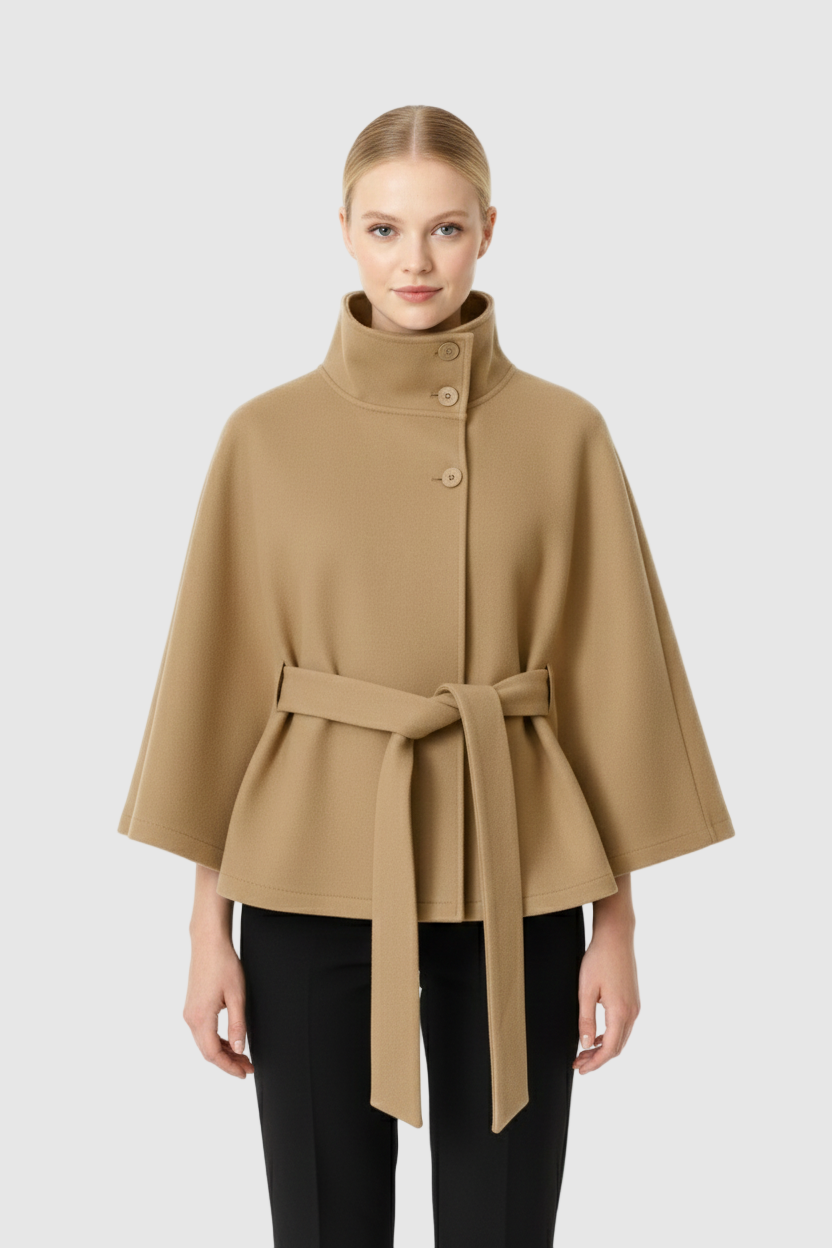 Long belted high collar relaxed coat for women | Elvire -1
