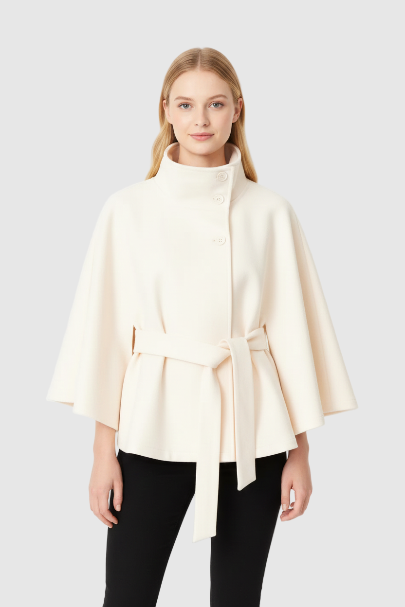 Long belted high collar relaxed coat for women | Elvire -2