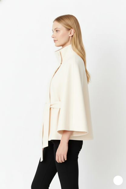 Long belted high collar relaxed coat for women | Elvire -11