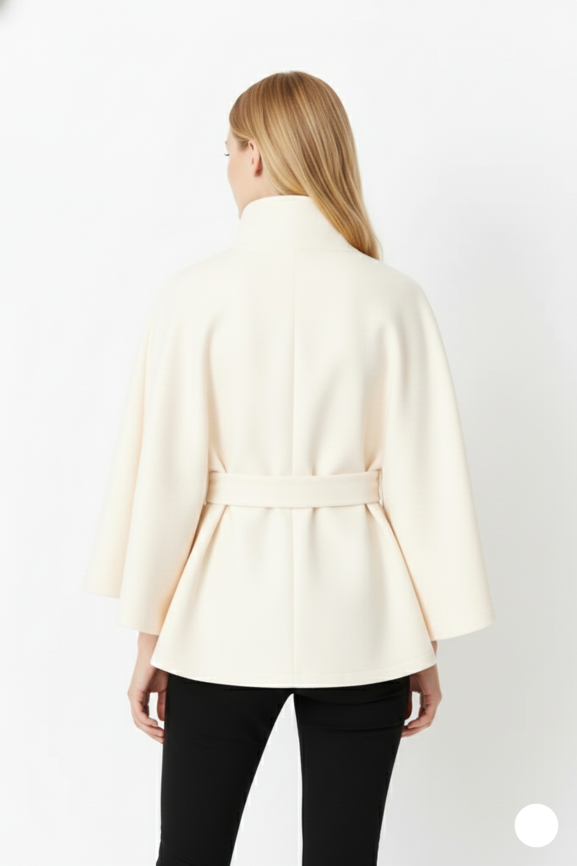 Long belted high collar relaxed coat for women | Elvire -12