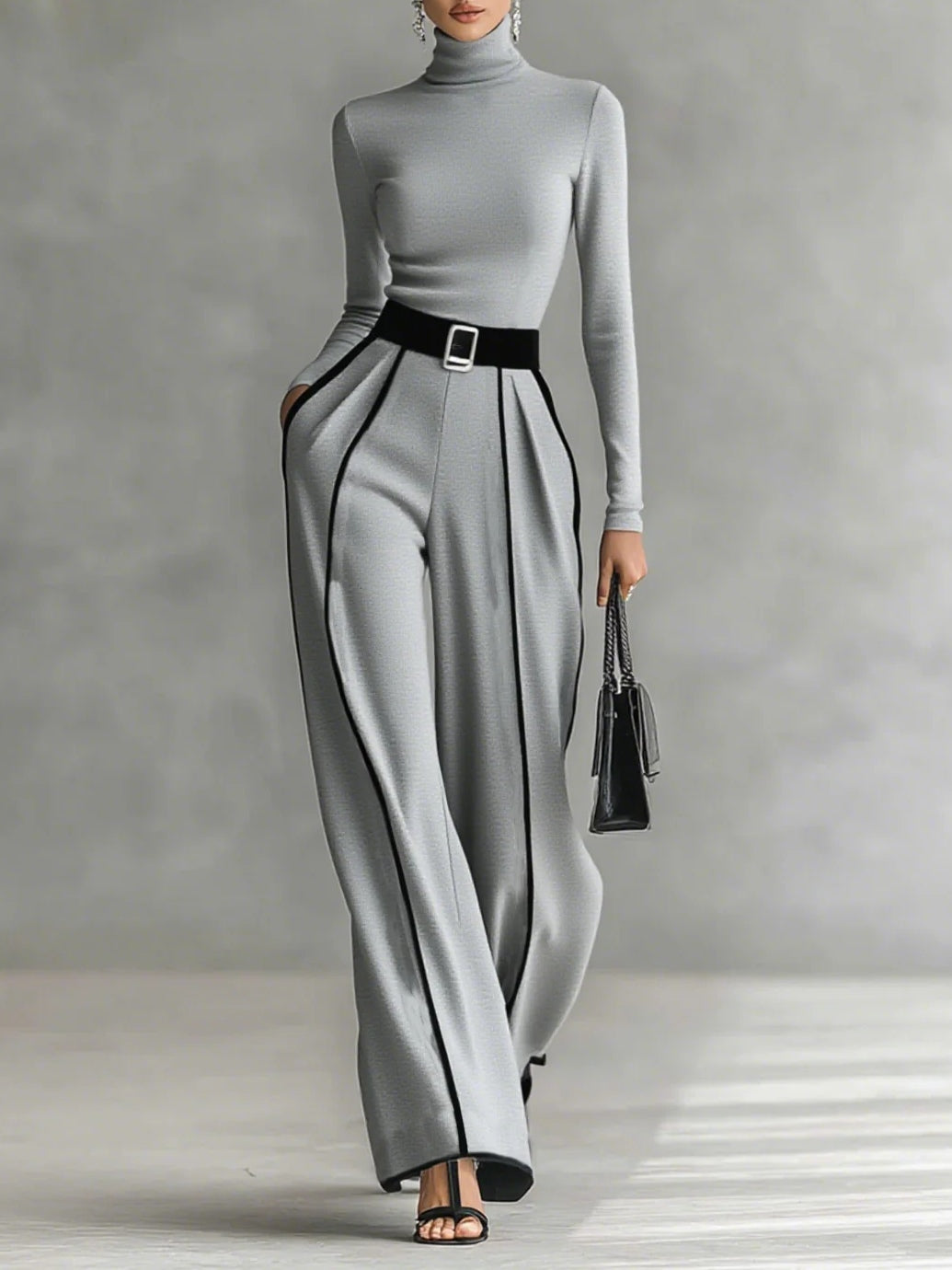 Trim high-neck & wide-leg pants top for women | White -5