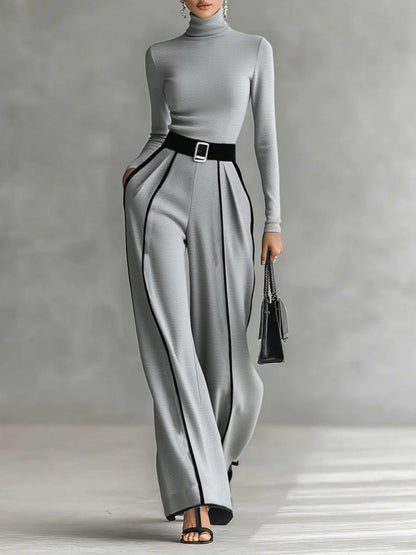 Trim high-neck & wide-leg pants top for women | White -5