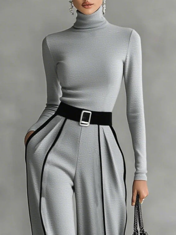 Trim high-neck & wide-leg pants top for women | White -6