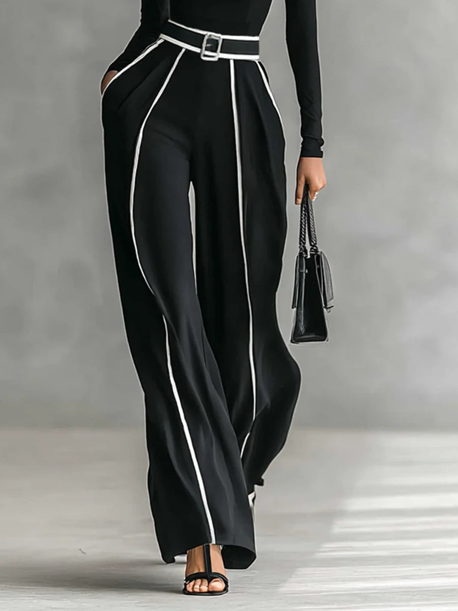 Trim high-neck & wide-leg pants top for women | White -4