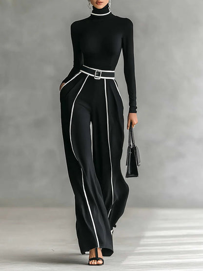 Trim high-neck & wide-leg pants top for women | White -1