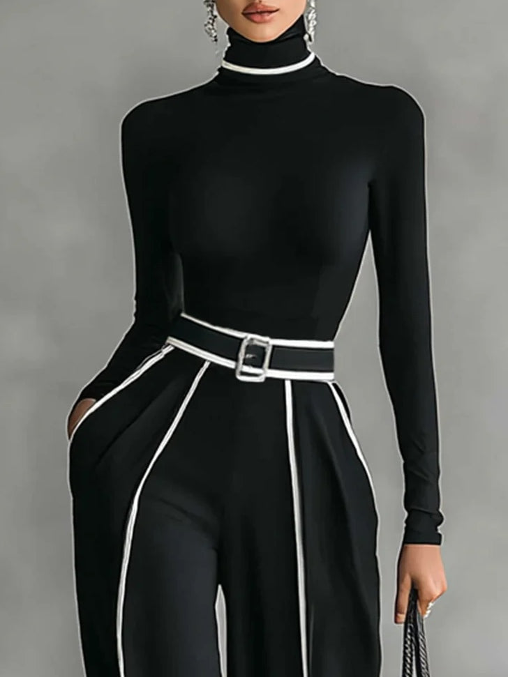 Trim high-neck & wide-leg pants top for women | White -3