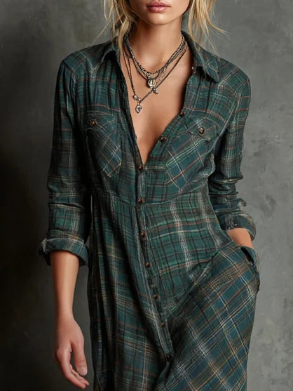 Women’s plaid lapel maxi dress shirt for women | Celestine -3