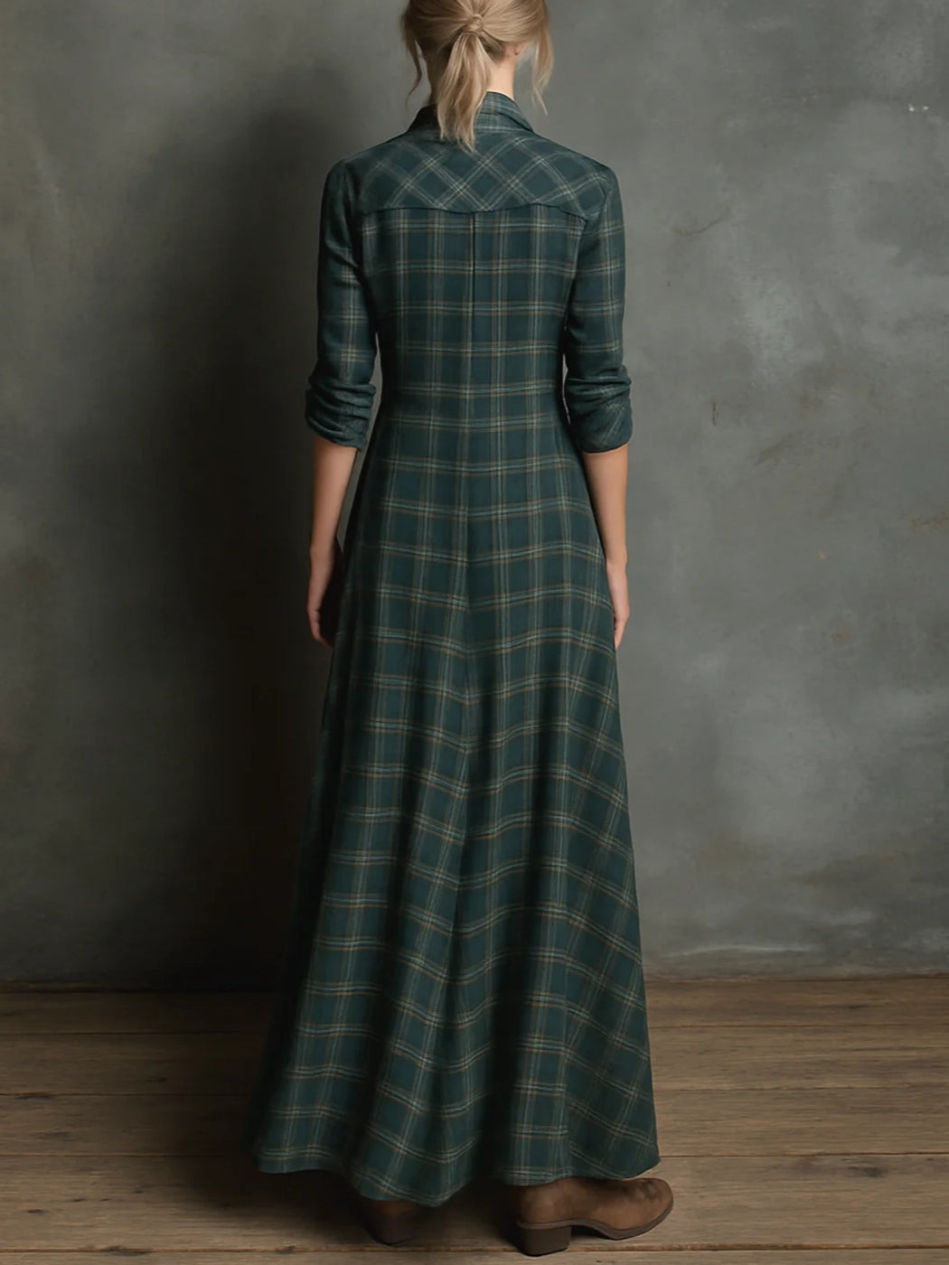 Women’s plaid lapel maxi dress shirt for women | Celestine -4