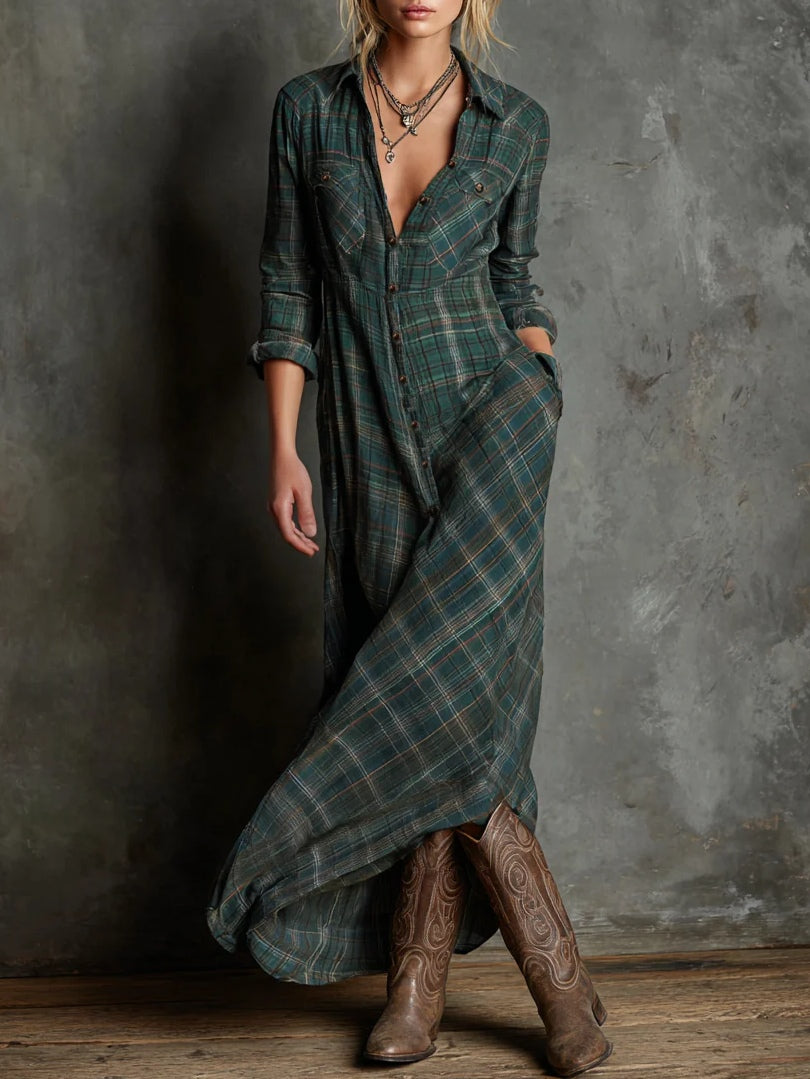 Women’s plaid lapel maxi dress shirt for women | Celestine -1