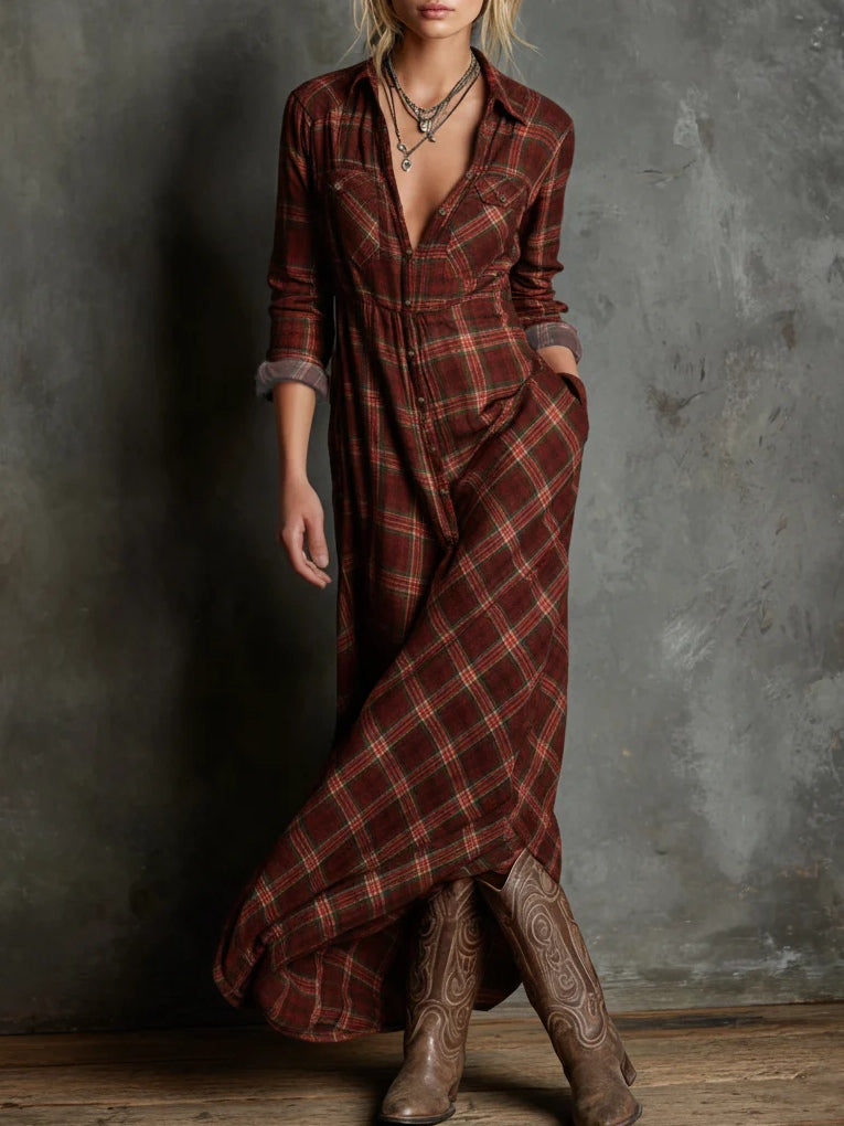 Women’s plaid lapel maxi dress shirt for women | Celestine -6