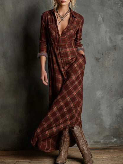 Women’s plaid lapel maxi dress shirt for women | Celestine -6