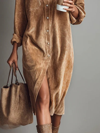 Women’s corduroy midi double chest dress for women | Marisol -3