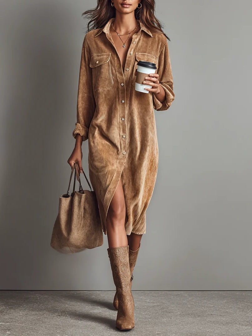 Women’s corduroy midi double chest dress for women | Marisol -1