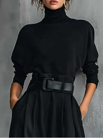 Two-piece set straight-leg pants turtleneck for women | All -3