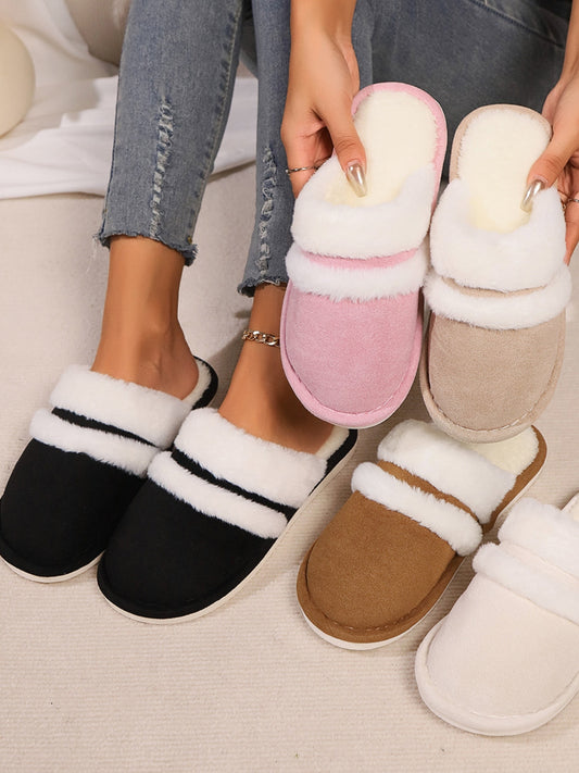 Toe round faux fur contrasting slippers for women -1