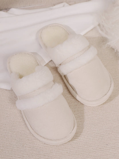 Toe round faux fur contrasting slippers for women -11