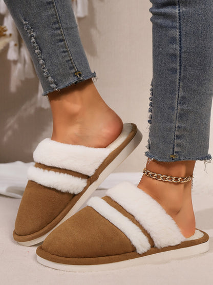 Toe round faux fur contrasting slippers for women -13