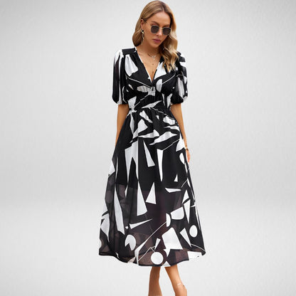 Mi-long print abstract dress for women | Rosalie -3