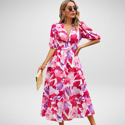 Mi-long print abstract dress for women | Rosalie -1
